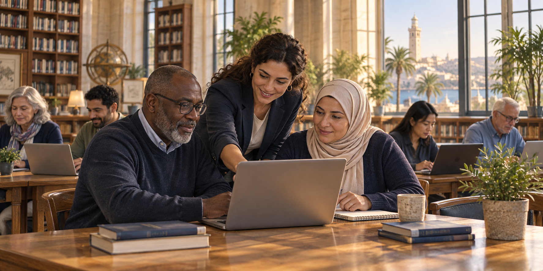 Personas aprendiendo a usar herramientas digitales en una biblioteca