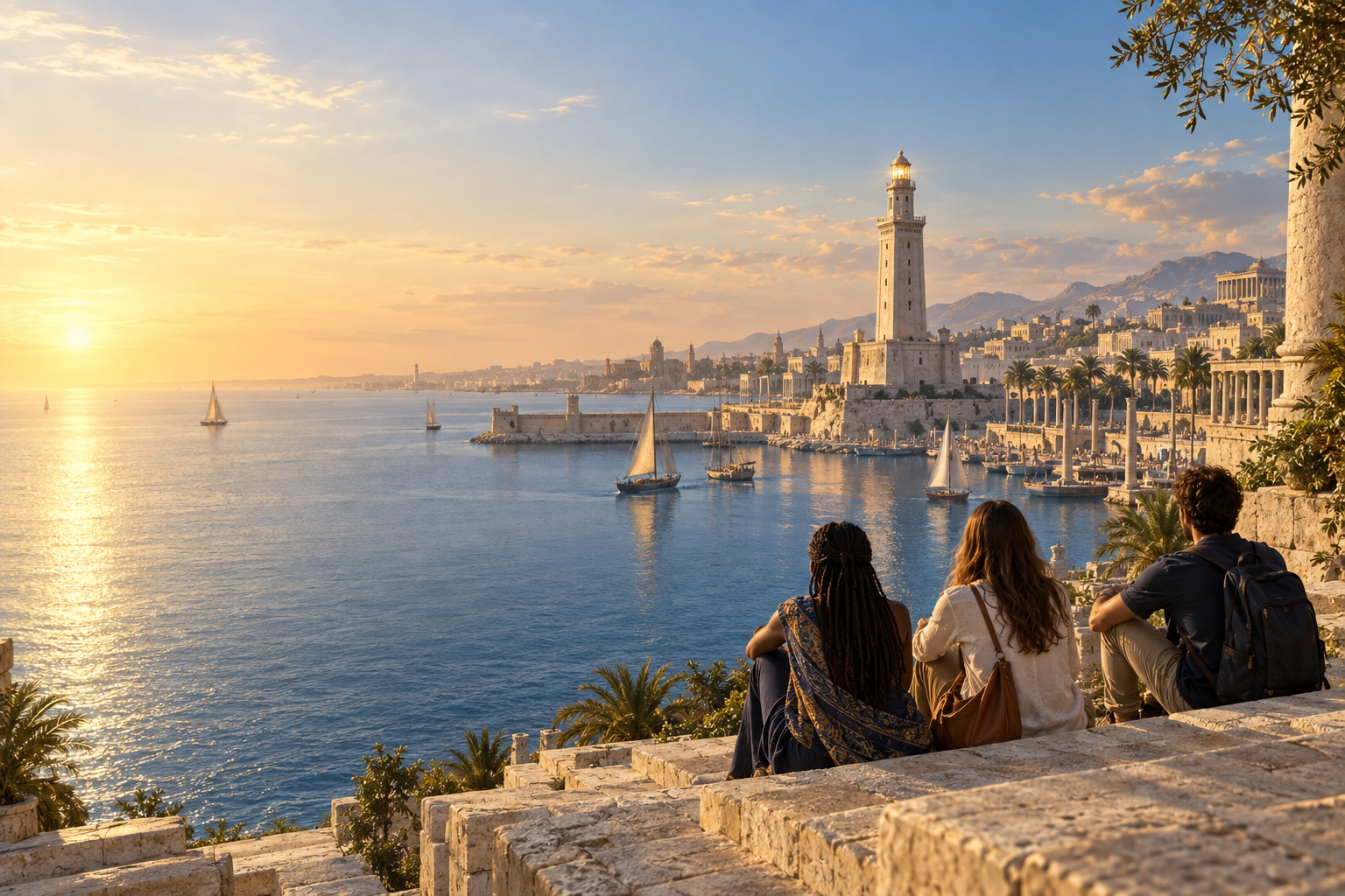 Alejandría imaginada al atardecer, con su faro y personas mirando hacia el horizonte